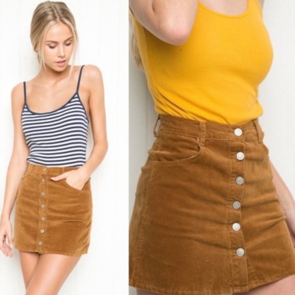 Brandy Melville | Tan Velvet Front Button up Mini Skirt | Size Small